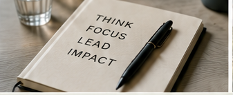 Notebook reading think, focus, lead, impact