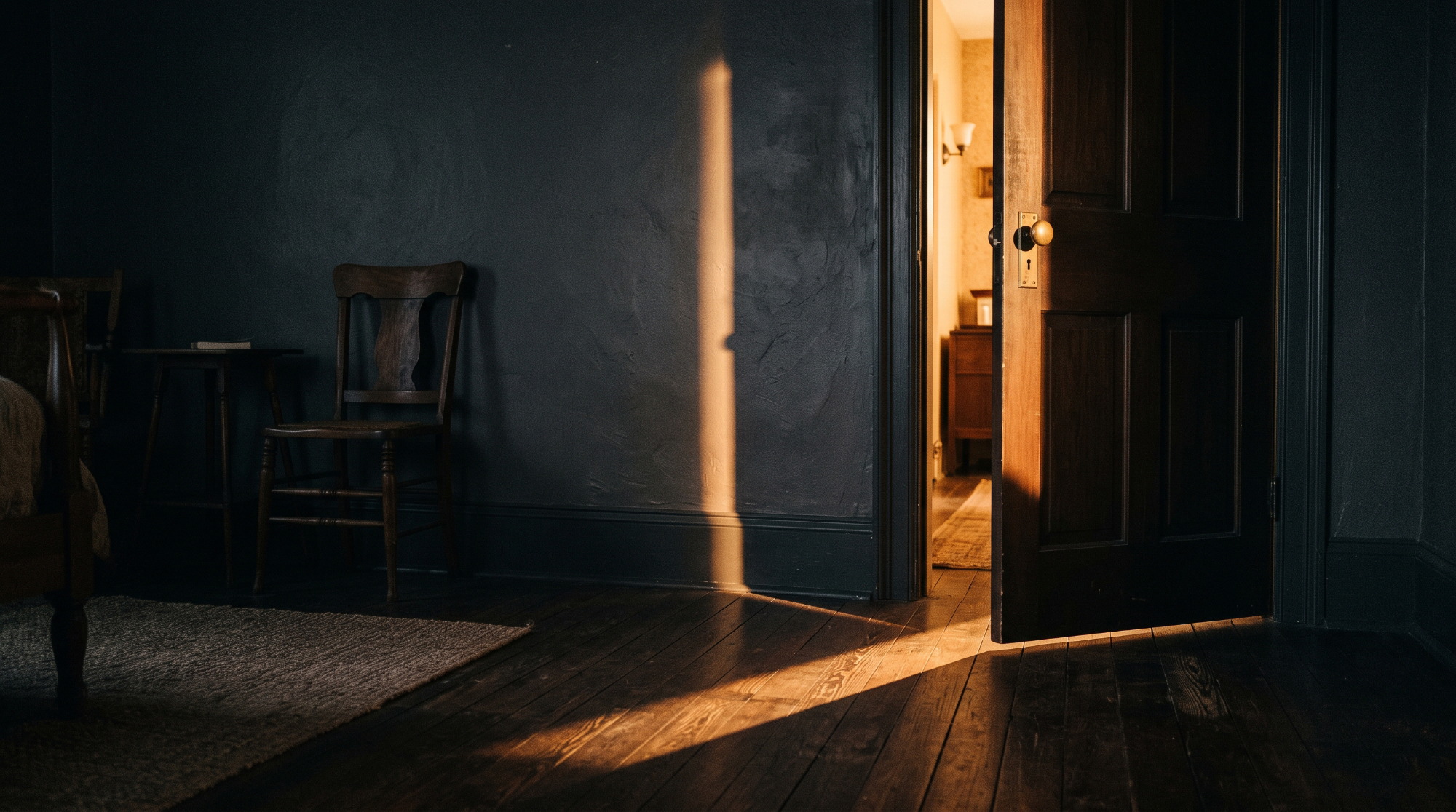 An open door with warm light falling across the floor