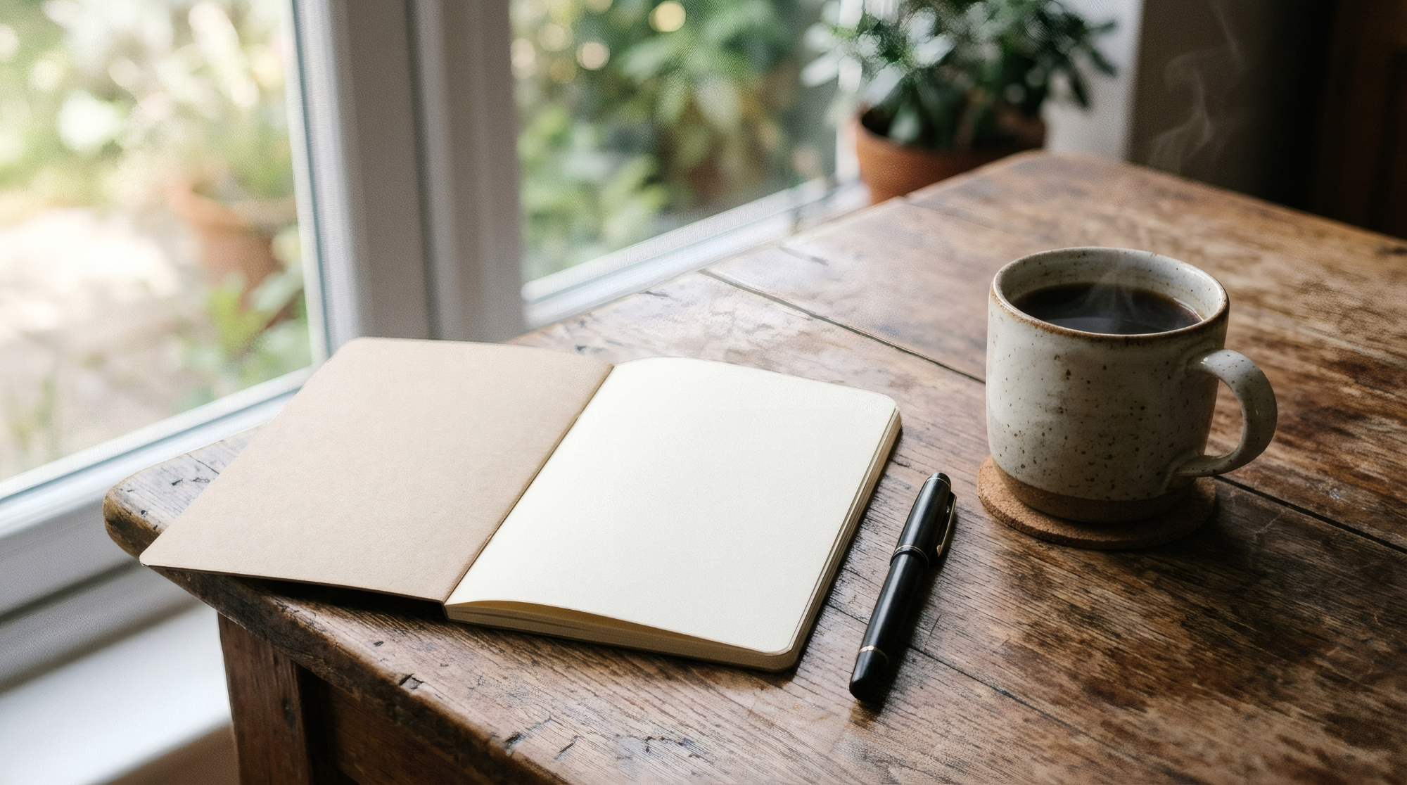 An open notebook and coffee on a timber table by a window