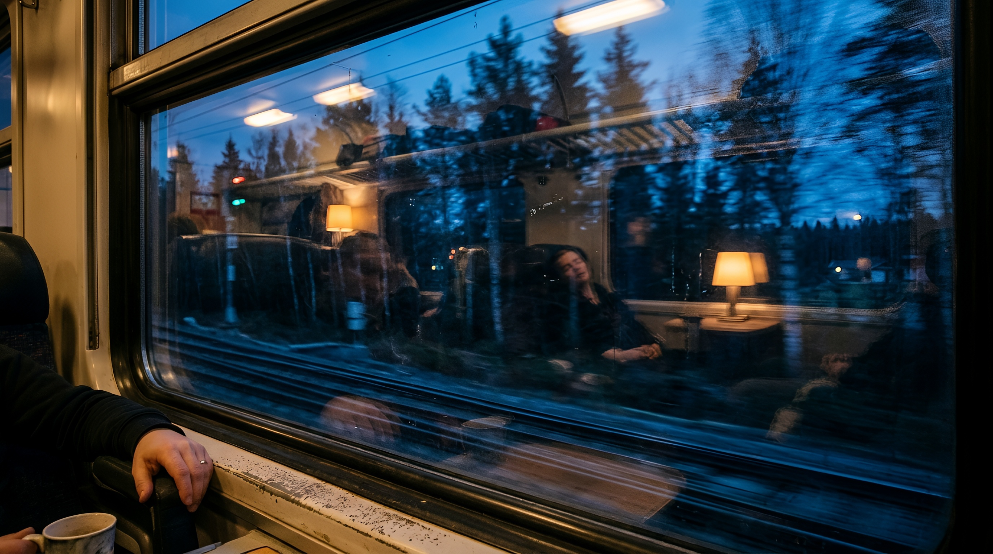 A train window at dusk, carriage reflected in the glass