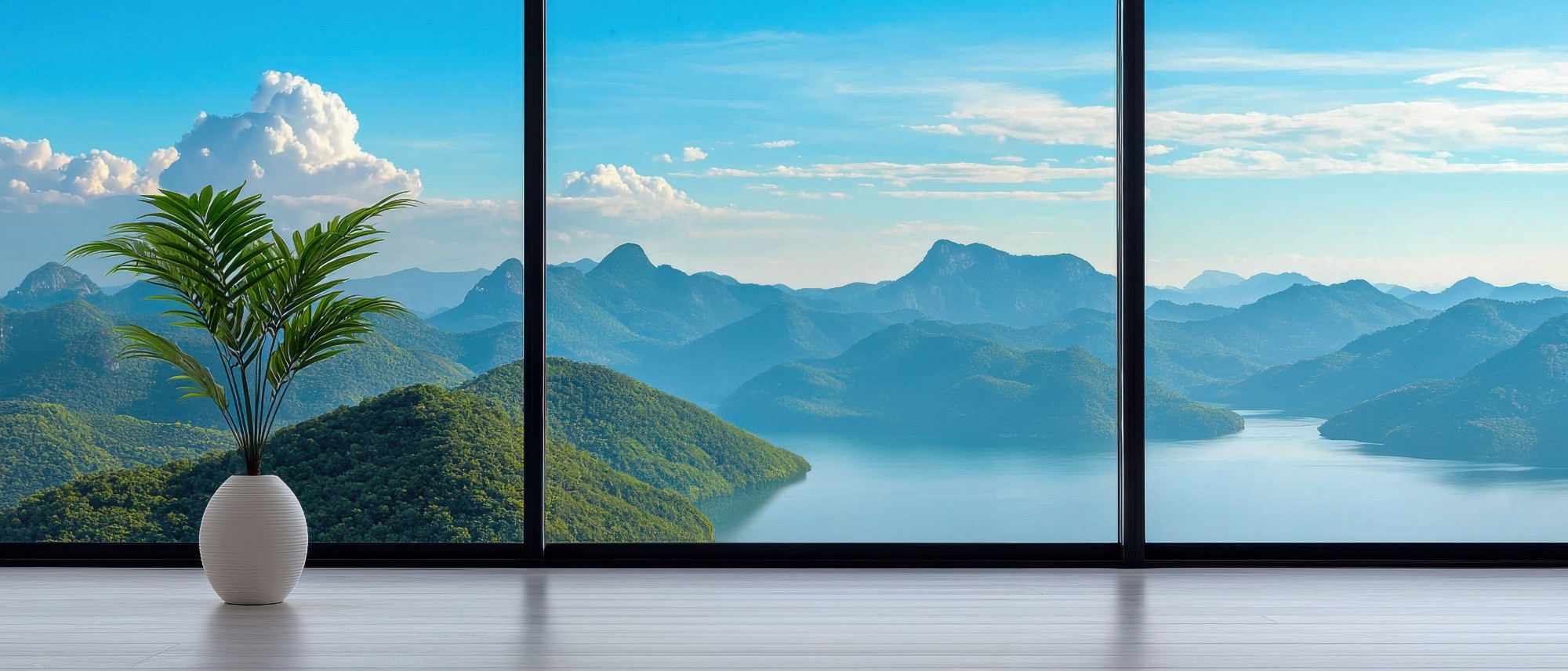 A still room looking out over mountains and water